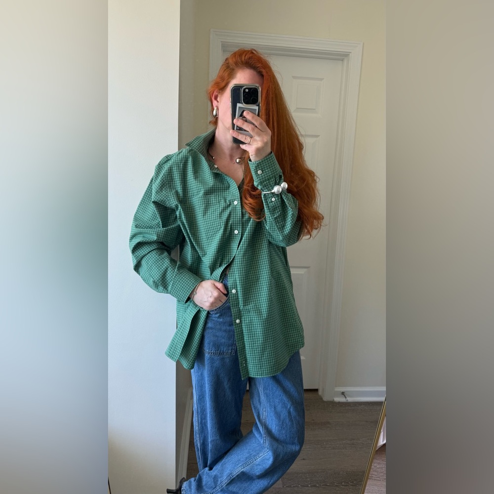 L.L.Bean Oversized Green White Button down boyfriend shirt men’s size L - Picture 7 of 8